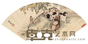 刘奎龄 双犬 扇面镜心 18X51.5cm